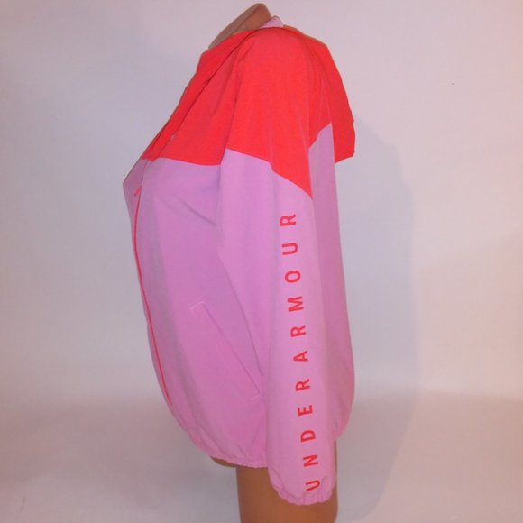 Under Armour Jacket Windbreaker Small Pink Orange Zip Up Loose Fit Hooded Pit to - Picture 9 of 13